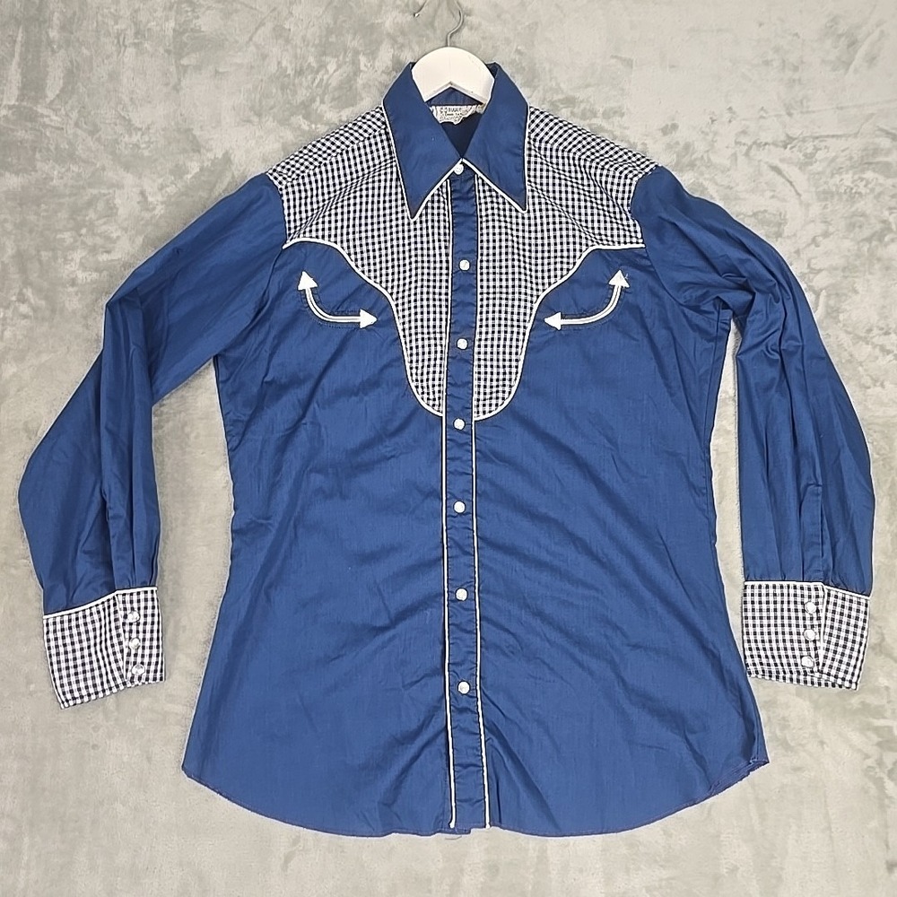 H Bar C Men's VTG Pearl Snap Western Shirt Gingham Plaid Blue Medium